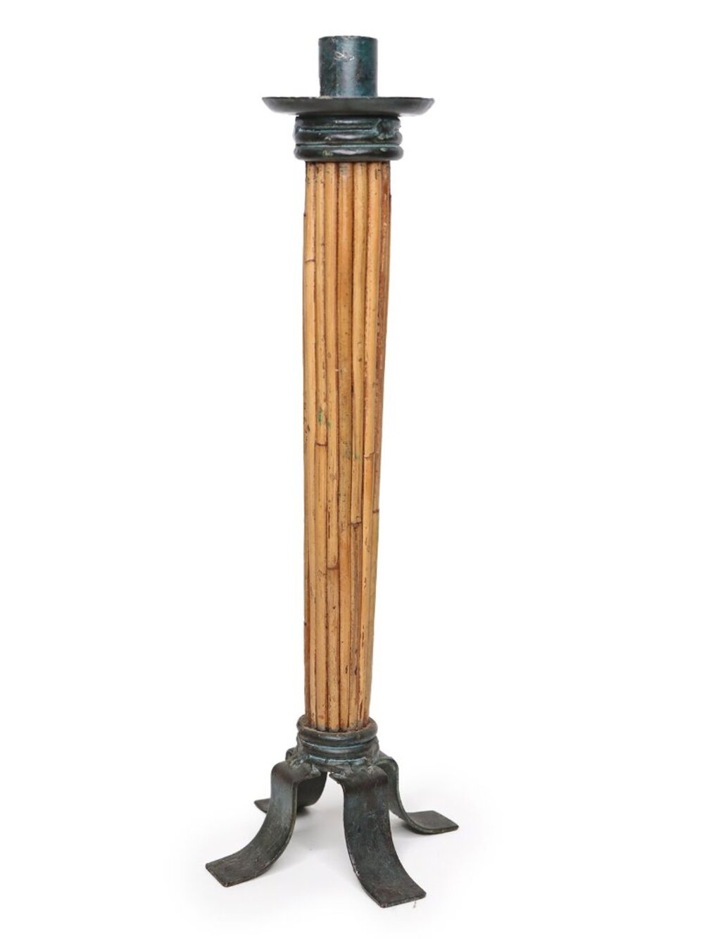 Vintage 14.5” Bamboo Style Candlestick Holder Patina Metal Hollywood Regency